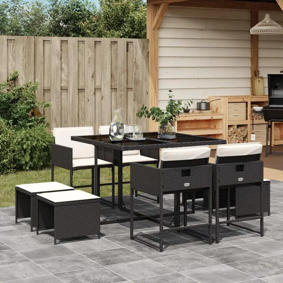 vidaXL - 9-delige Tuinset 4 krukken wit kussens - Zwart - PE rattan - 110x106 cm