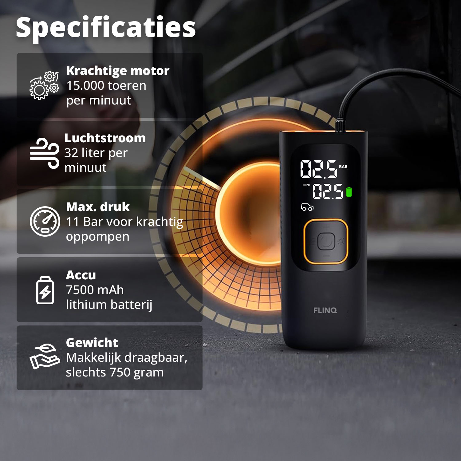 FlinQ draagbare luchtcompressor - Black/Orange