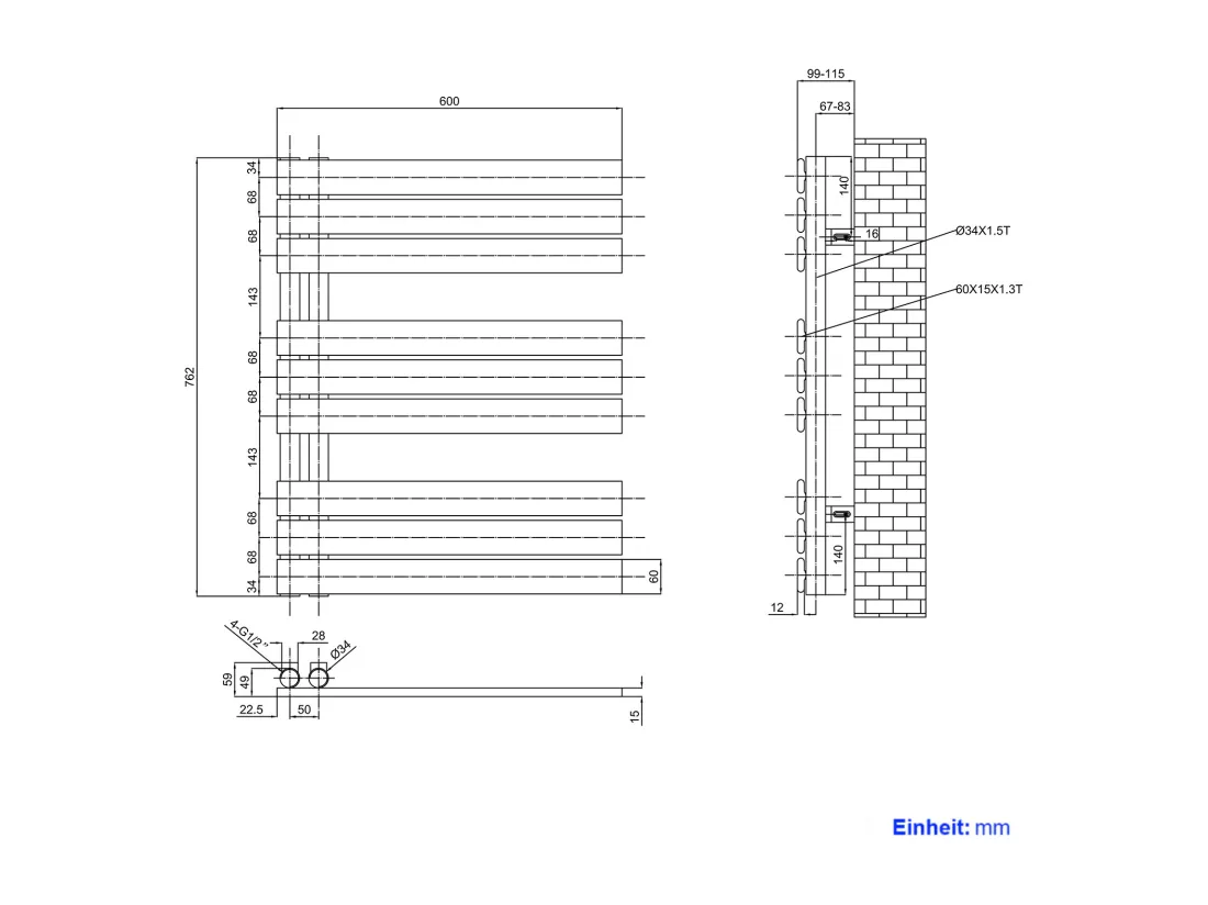 EMKE Sèche-serviettes à Eau Chaude Panneau Plat, Sèche-serviettes connexion latérale pour, Anthracite 762x600mm 503Watts