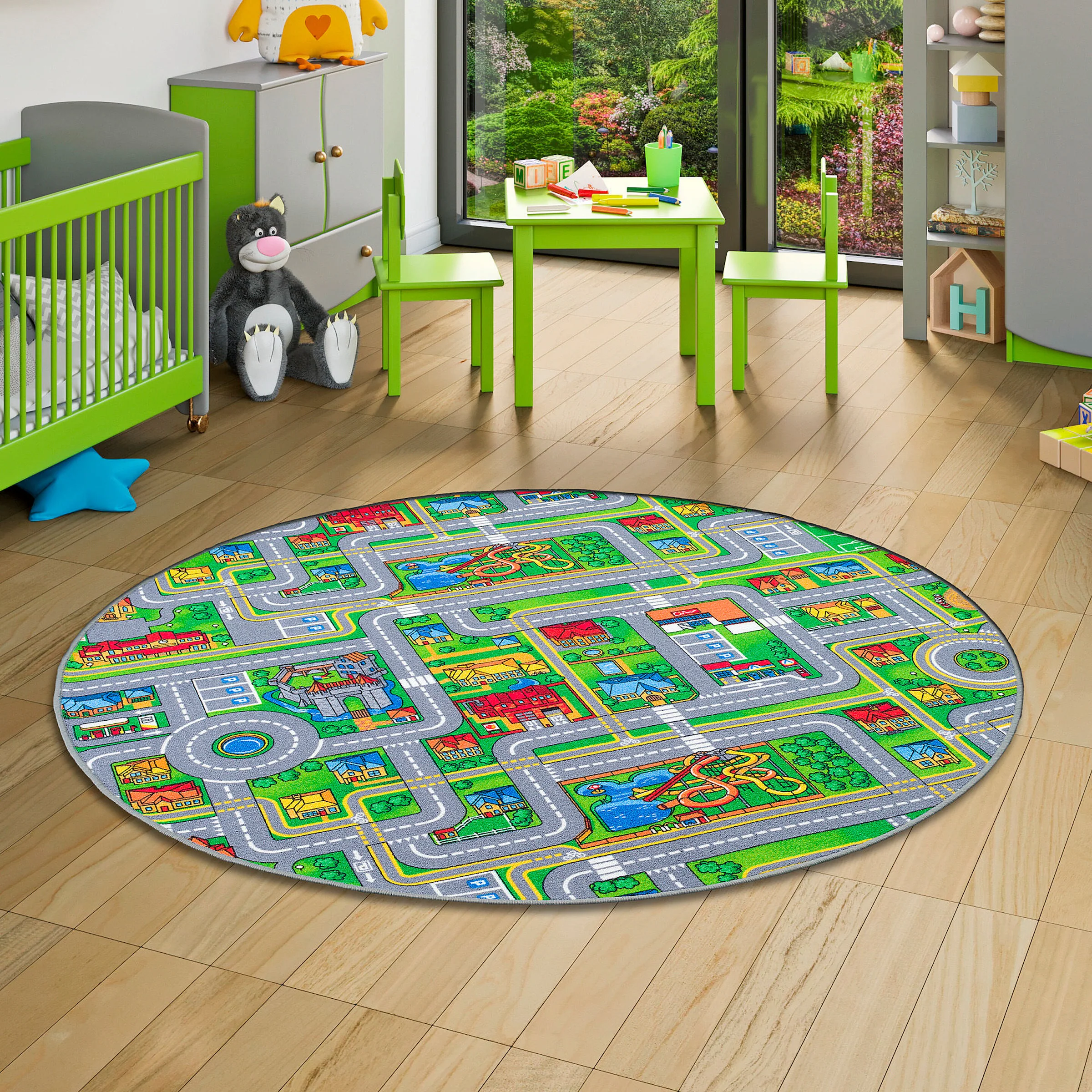Snapstyle Kinder Spiel Teppich Abenteuerland Bunt Rund Bunt - 200x200 cm