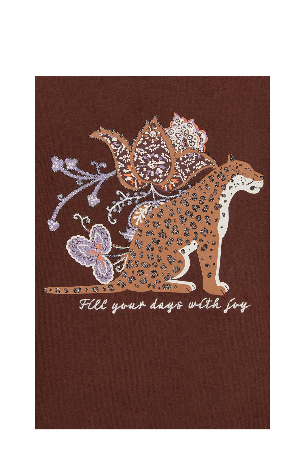 WE Fashion longsleeve met printopdruk en ruches bruin