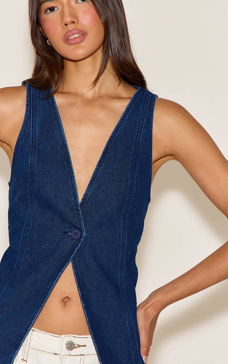 Bleu Indigo Gilet Sans Manches En Denim Avec Détails Boutonnés