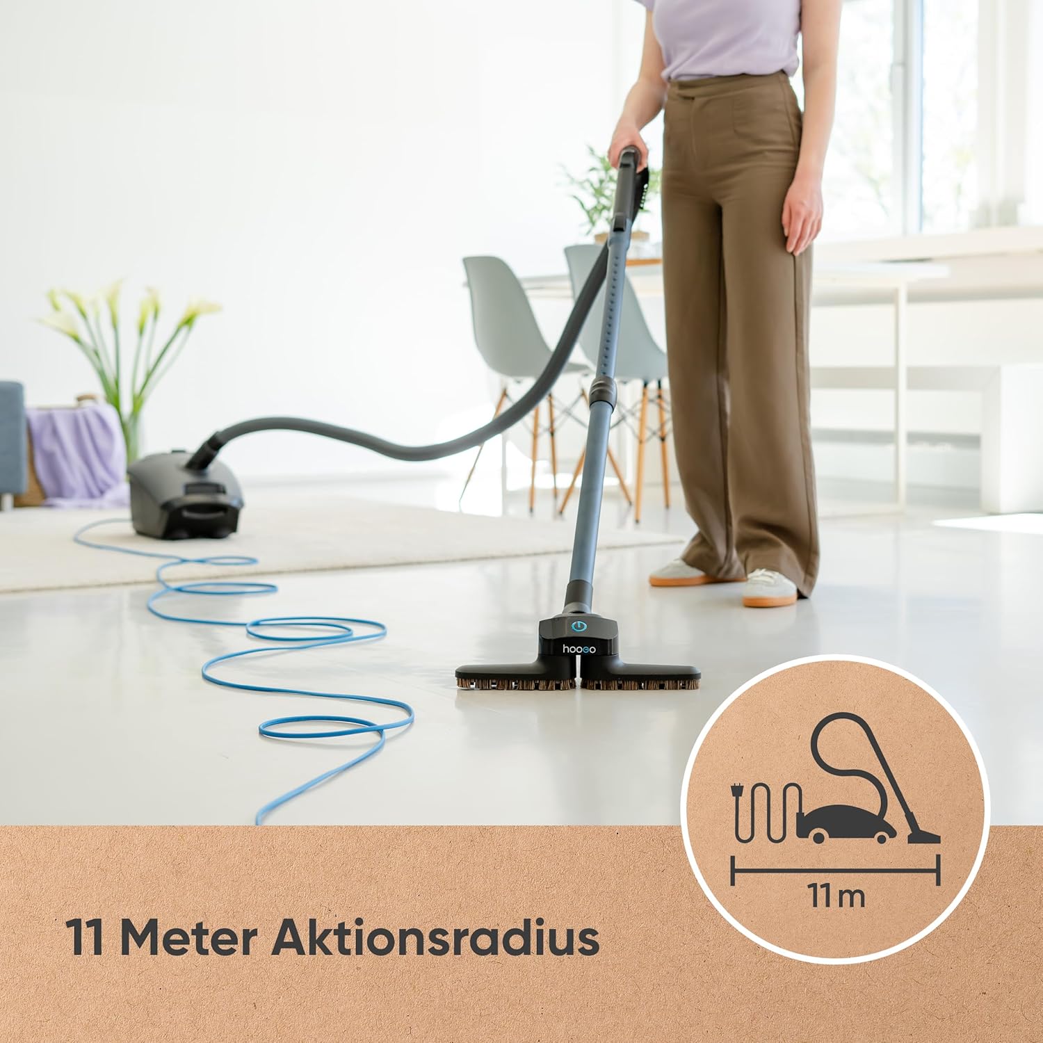 hoogo B3+ Graphit mit Flipflop Bodendüse | Staubsauger mit Beutel | Starke 850 W Saugleistung | HEPA 14 Filter | 11 Meter Radius | Nur 74 dB(A) | 3 L Fassungsvermögen