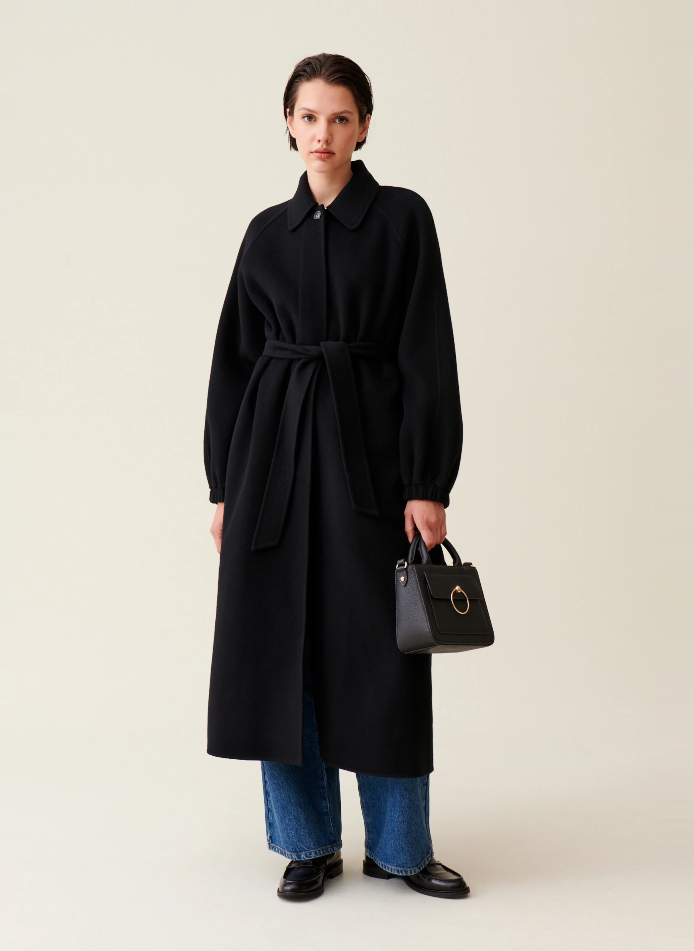 Manteau long ceinturé en laine mélangée | Noir