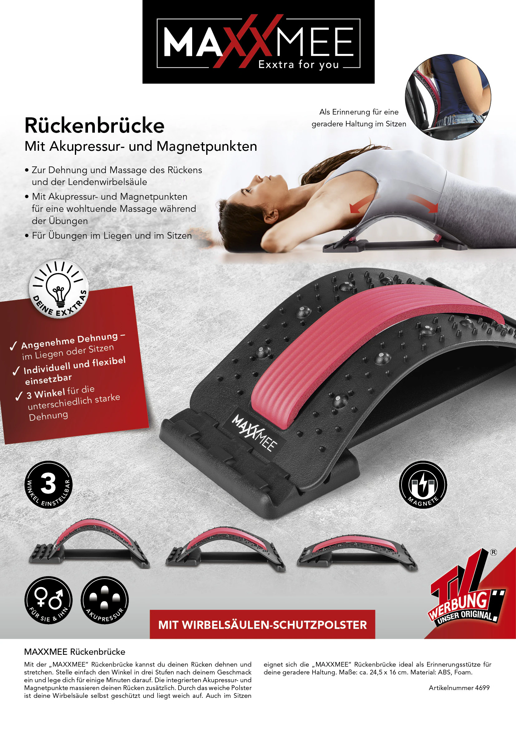MAXXMEE Rückenbrücke schwarz/rot mit Akupressur-Noppen & Magneten