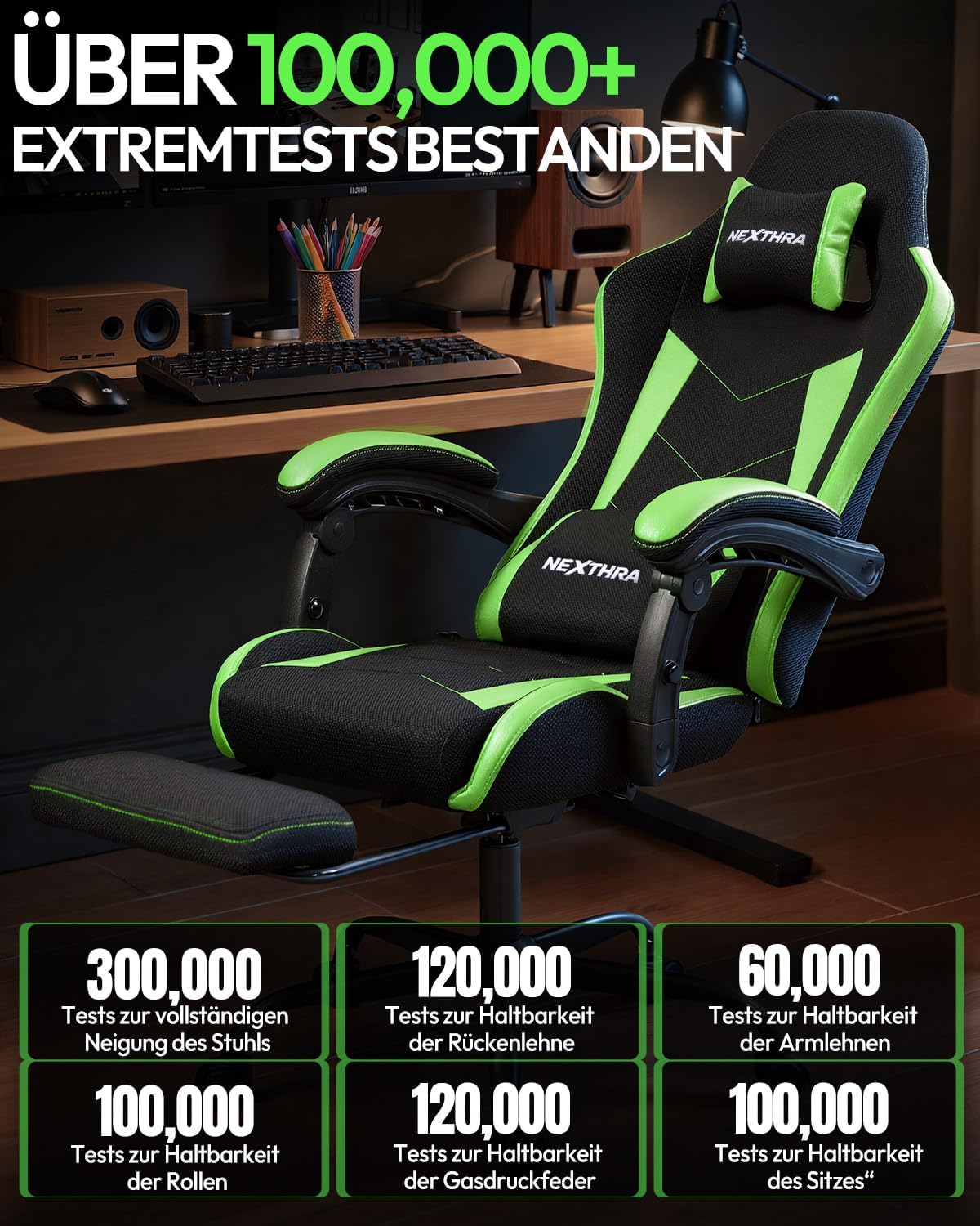 Nexthra Gaming Stuhl Bürostuhl Gaming Sessel mit höhenverstellbaren Linkage-Armlehnen, ergonomischer Gamer Stuhl mit Fußstütze, gepolstert Gaming Chair 150° neigbar bis 180 kg, Grün