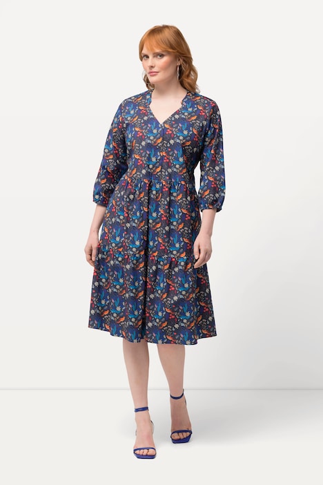 Tunikakleid, Paradiesvögel, V-Ausschnitt, 3/4-Arm