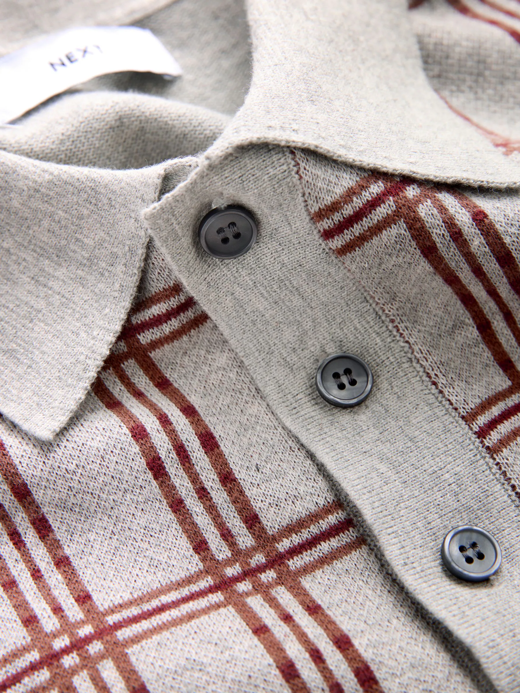 Grijs - Regular Fit Long Sleeve Knitted Check Polo Shirt
