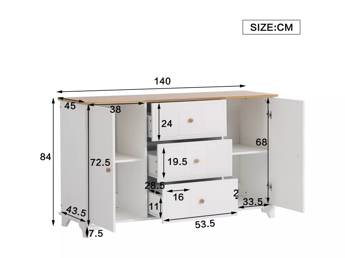 Buffet 140x45x84cm, avec 3 tiroirs et 2 portes, avec poignée, pour le séjour et la chambre, MDF+aggloméré, blanc+naturel