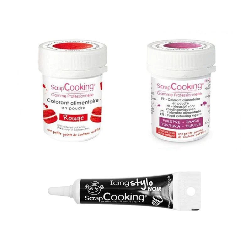2 colorants alimentaires rouge-pourpre + Stylo glaçage noir Scrapcooki
