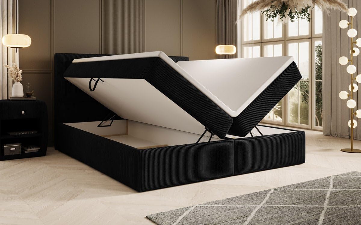 Luxusbetten24 Boxspringbett Soft in Cord 180x200 mit Stauraum | Bezug: Cord | Farbe: Schwarz | Härtegrad: H3 (70-100kg) - mittelfest