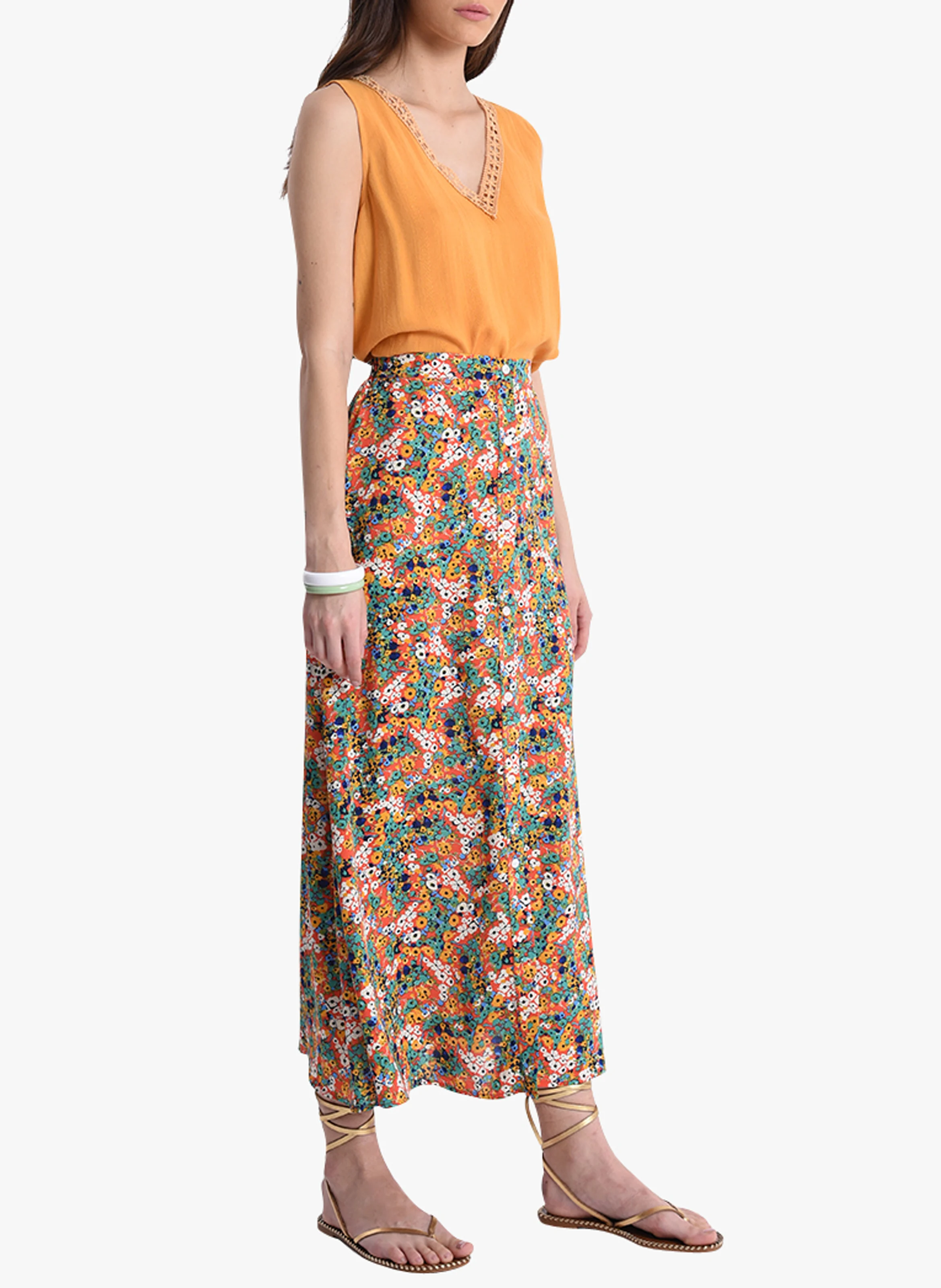 Jupe longue imprimé floral | Orange