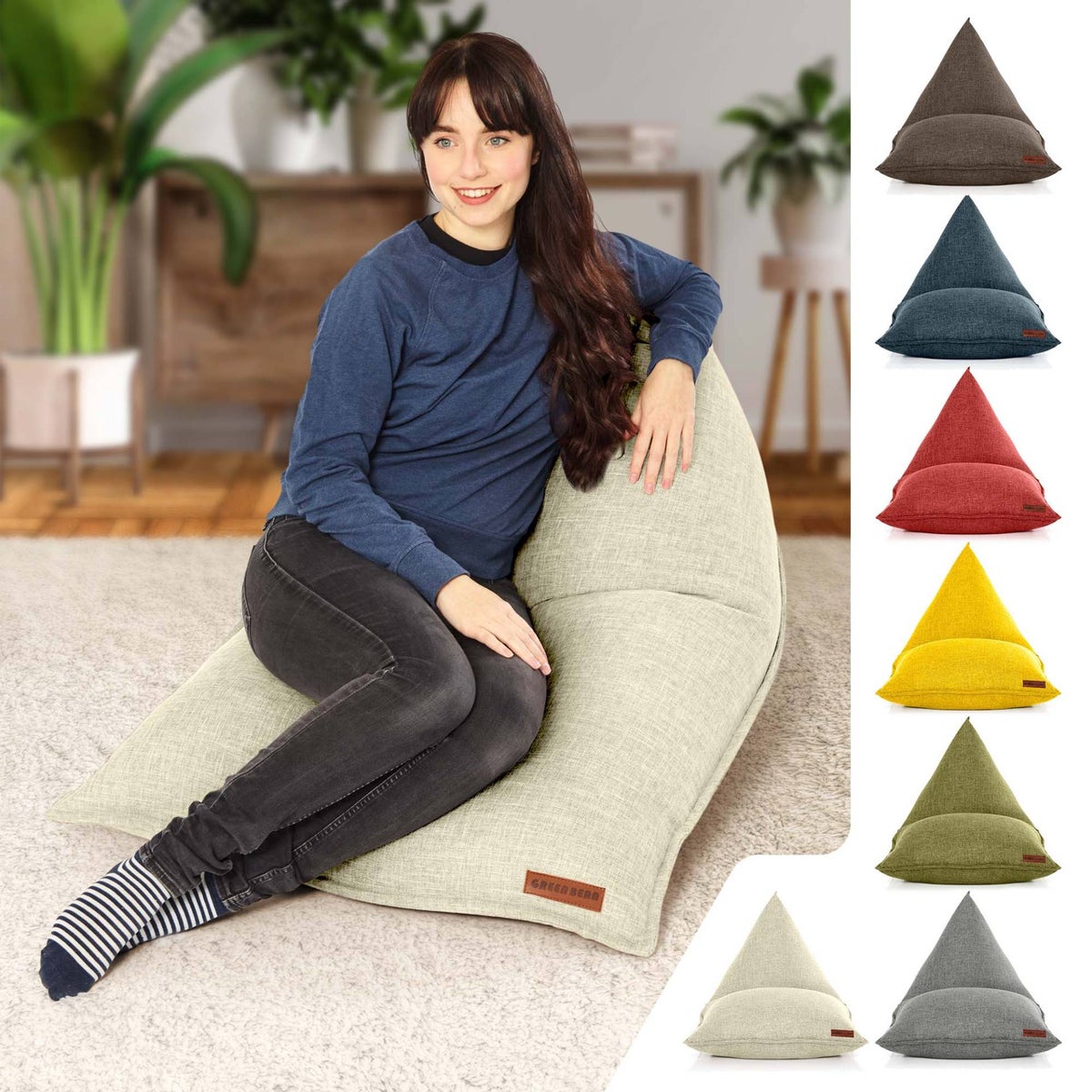Green Bean Triangle Zitzak 150x100x100cm met EPS-korrelvulling - Knuffelzacht en wasbaar - Binnenkussen van stof voor op de vloer, ligstoel en zitkussen - Beige