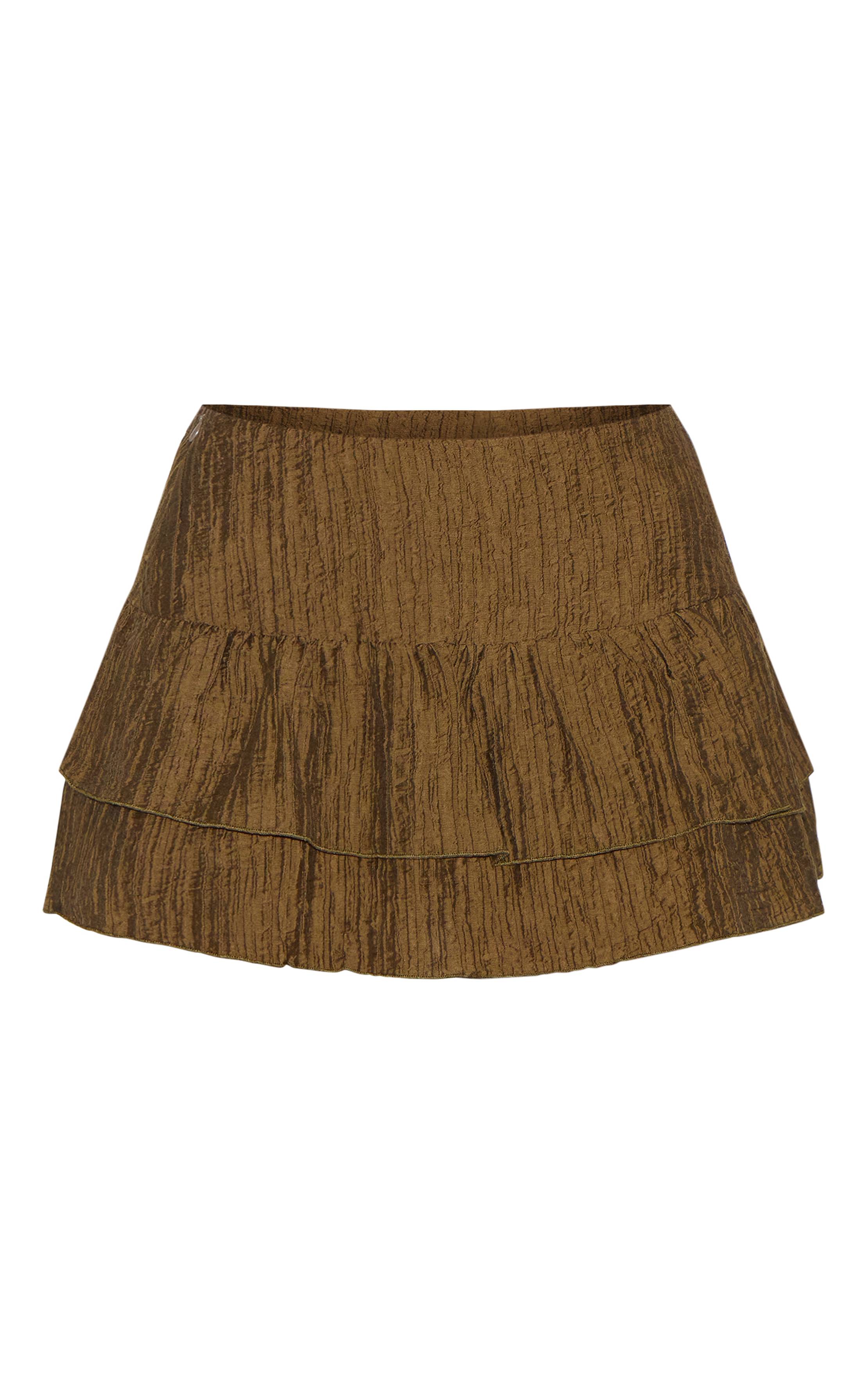 Dark Khaki Mini-jupe Kaki À Taille Basse En Tissu Froissé Avec Volants