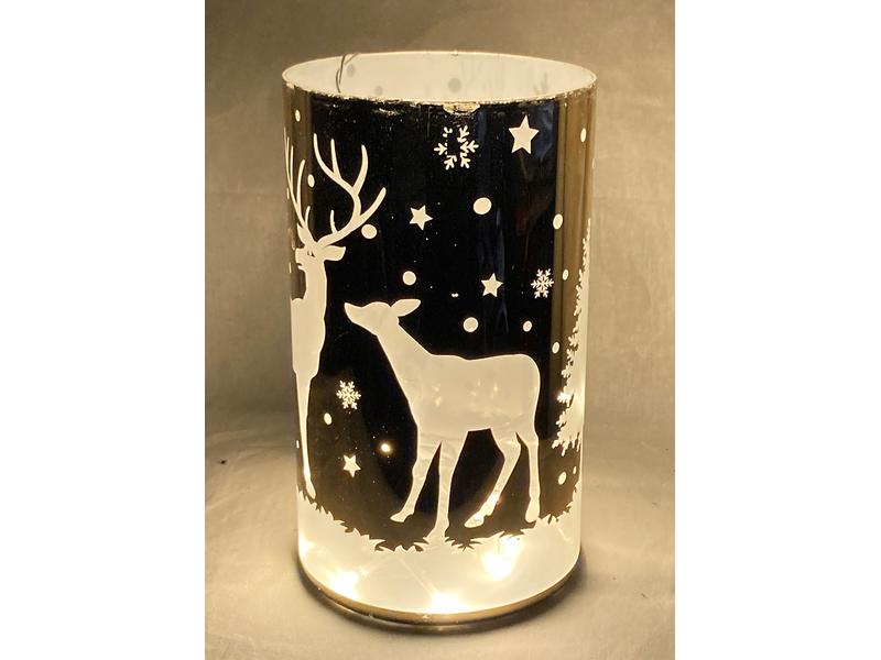 Dameco Weihnachtswindlicht Hirsch im Wald Gold/Weiss, Glas Teelichthalter mit Tier-Motiv