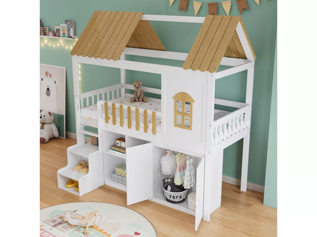 Lit mezzanine 90 x 200 cm avec armoire, 2 portes et toit - pin + MDF - blanc + naturel (sans matelas)