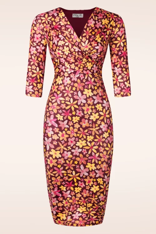Vintage Chic for Topvintage Eliza floral slinky pencil jurk in wijnrood