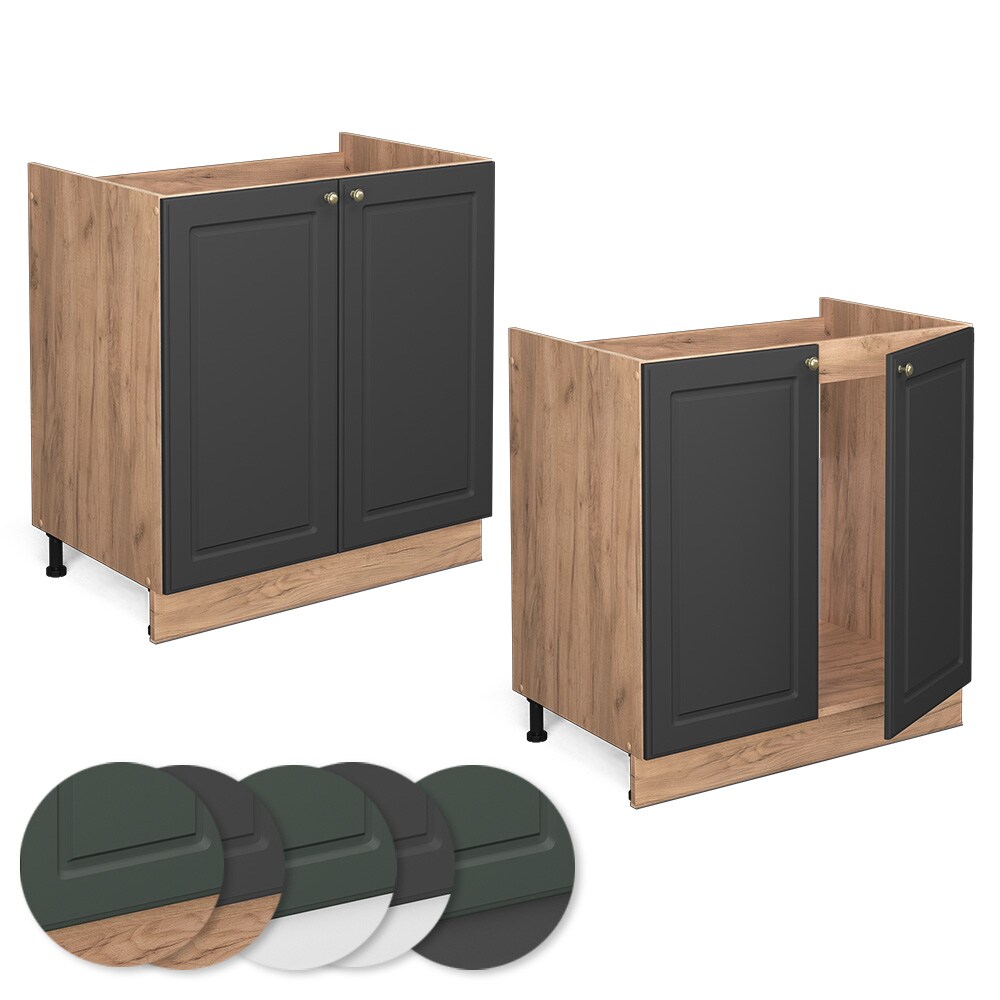 Vicco Spülenunterschrank Küchenschrank Küchenmöbel Fame-Line Eiche Anthrazit-Gold Landhaus 80 cm Küche Einbauküche Drehtür Siphonausschnitt Blende Küchenzeile