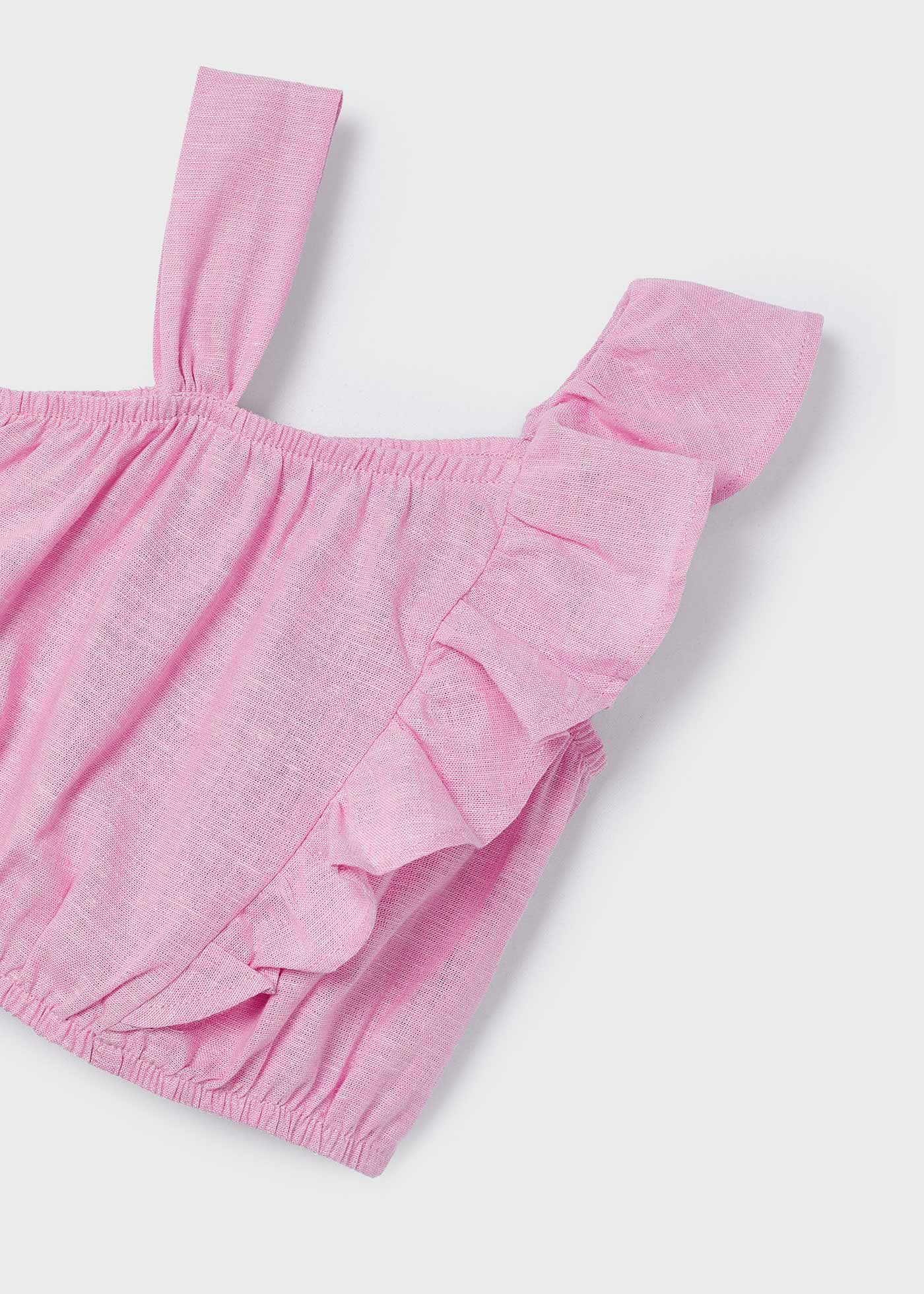 Blusa azul de linho com babados para meninas