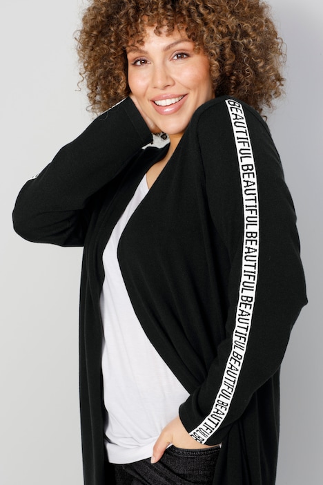 Long-Strickjacke, offene Form, Ärmel-Schriftzug