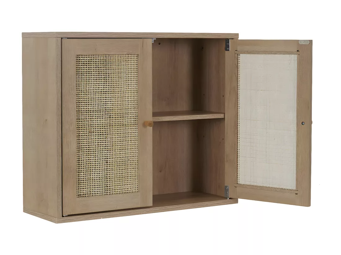 MAYA - Armoire Murale 2 Portes Effet Bois et Façades Rotin