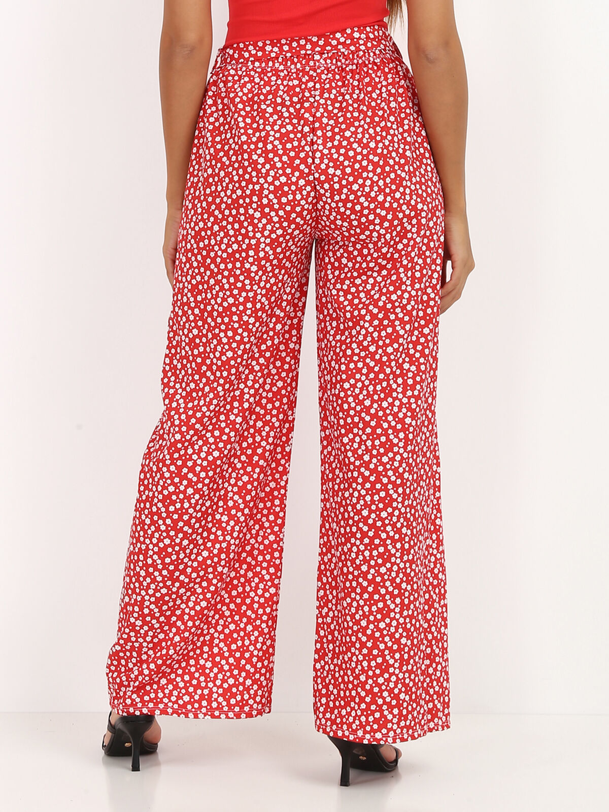 Pantalon fluide à motifs petites fleurs- Rouge