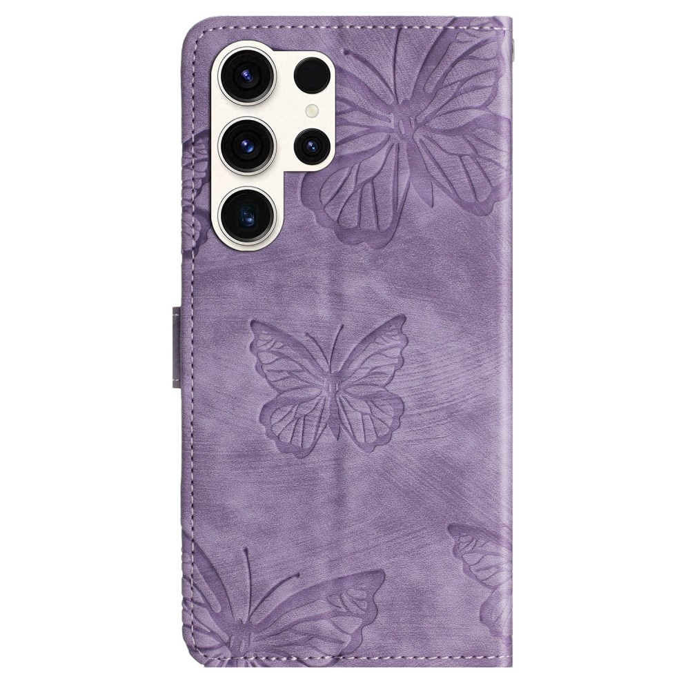 Samsung Galaxy S24 Ultra Leder Tasche Wallet   Trageschlaufe - Butterflies Imprint - Lila