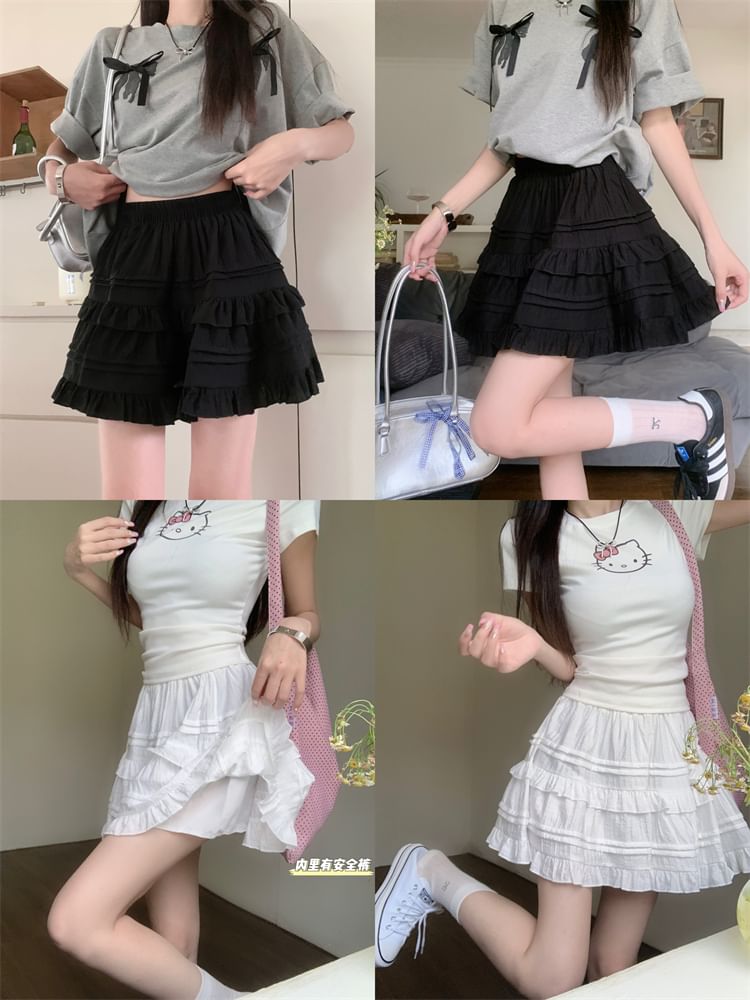 Flowerisque - Hoge taille effen geplooide mini A-lijn rok