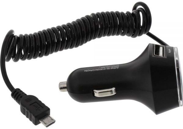 USB-A Autolader - Zwart - Met 2 Poorten - Inclusief Vaste USB Micro B Spiraalkabel - 1 Meter - 3,1A