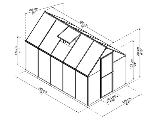 Palram kas – Canopia Mythos 6x10 dubbelwandige polycarbonaat panelen 4 mm incl. funderingsframe, gootsysteem 305 x 185 cm groen
