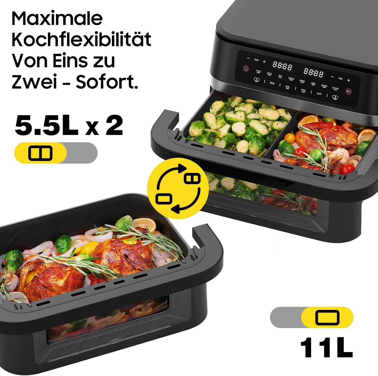 Heißluftfritteuse Dual Zone 11L XXL – Leistungsstarker Air Fryer mit Doppelkammer & herausnehmbarer Trennwand, Heissluftfriteuse ohne Öl, 2950W, Sichtfenster & Touchdisplay, für Familien