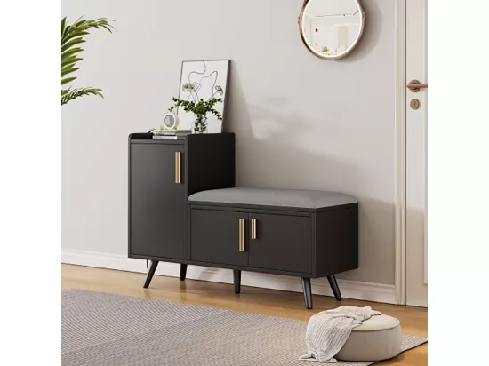 Armoire Banc à chaussures avec trois portes de rangement Avec poignées métalliques asymétriques Noir