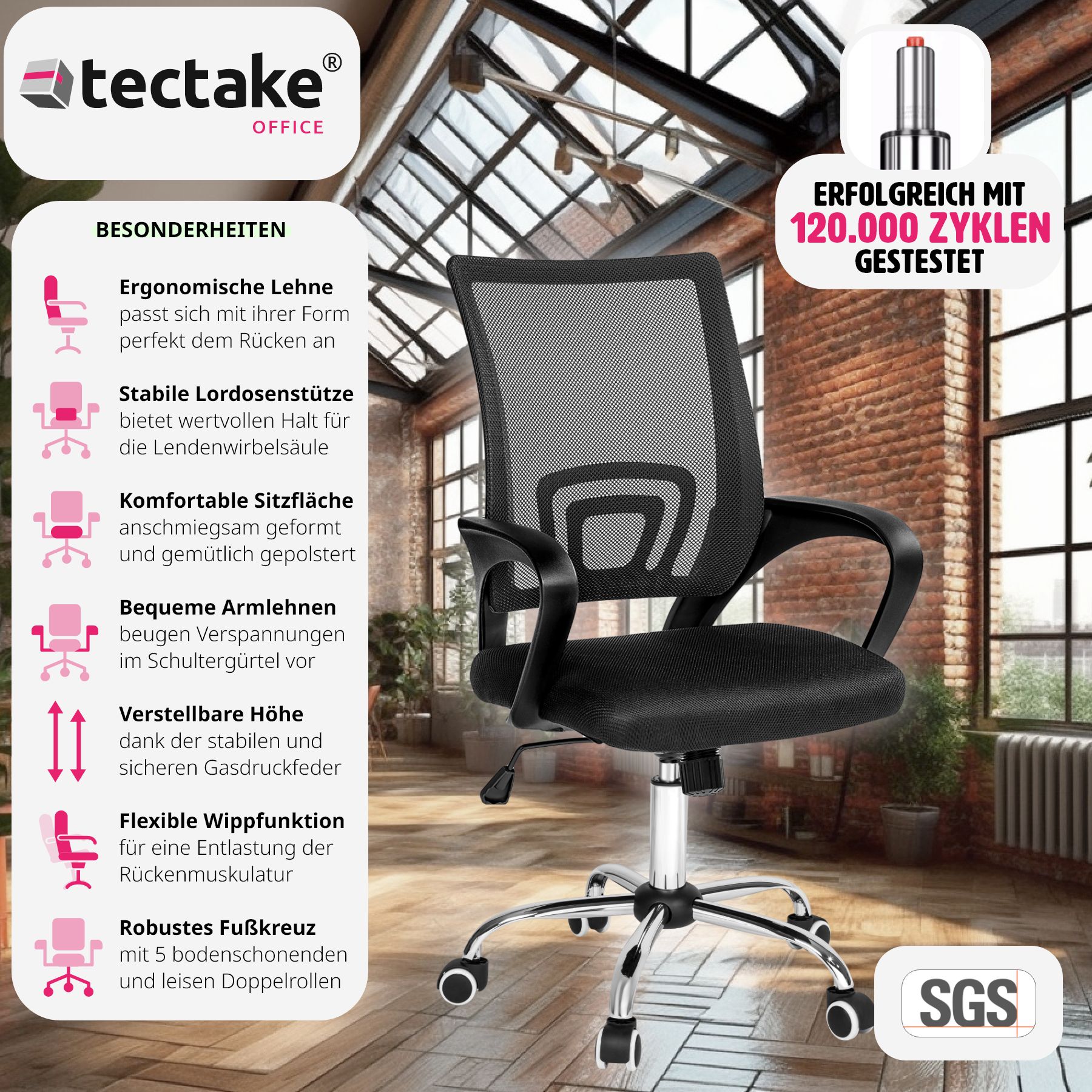 tectake® Bürostuhl, ergonomische Form mit Lordosenstütze, mit Netzstoffbezug, geschwungene Armlehnen, stufenlos höhenverstellbar