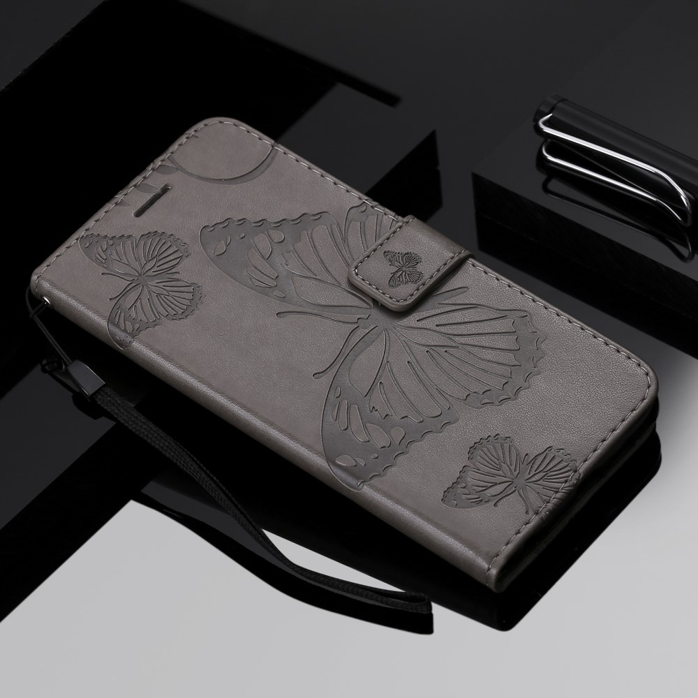 iPhone 13 Leder Tasche mit Kartenfach   Handschlaufe Schmetterling - Grau