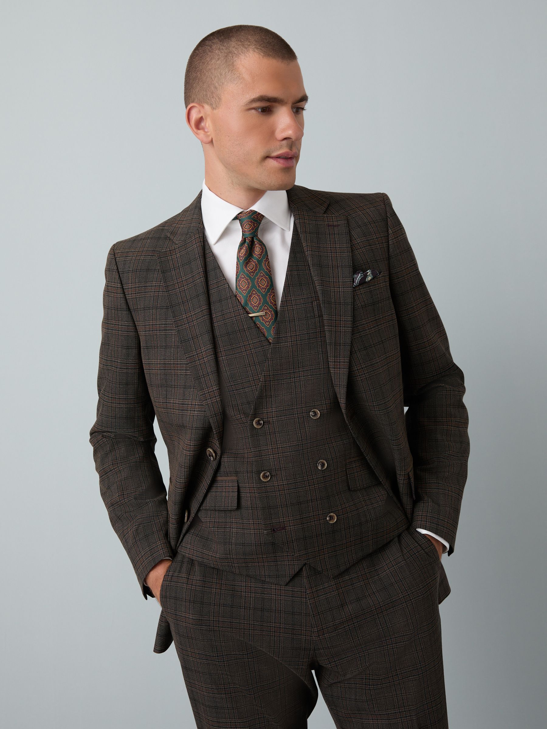 Bruin - Slim-fit maatgesneden pak met ruiten: colbert