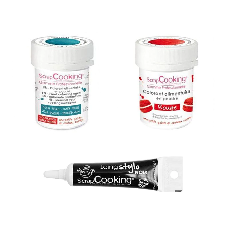 2 colorants alimentaires rouge-bleu foncé + Stylo glaçage noir Scrapco