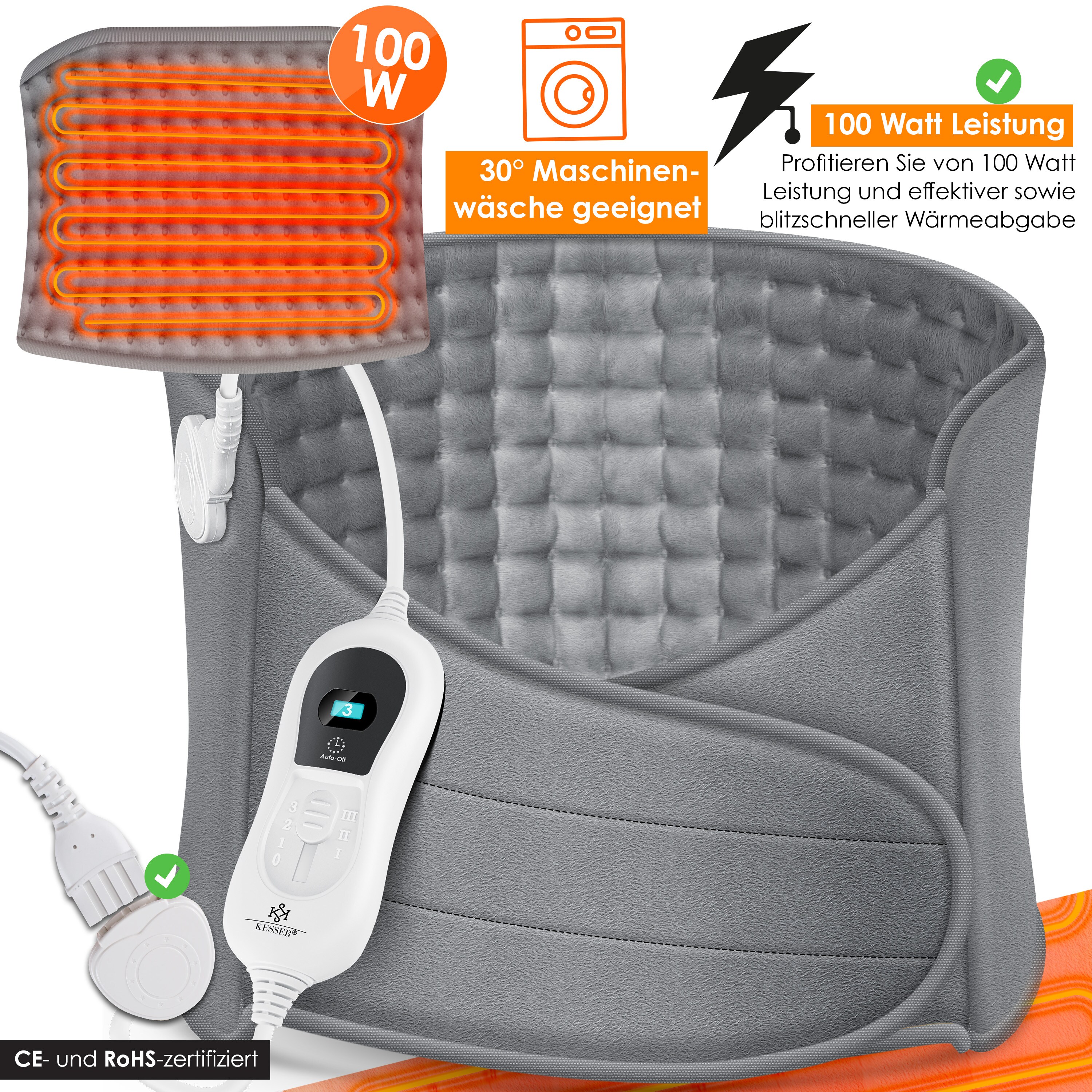 KESSER® Heizkissen elektrisch für Bauch und Rücken Inkl. Tasche - Heizgürtel mit 3 Temperaturstufen & Abschaltautomatik - Wärmegürtel mit verstellbarem Band und Klettverschluss