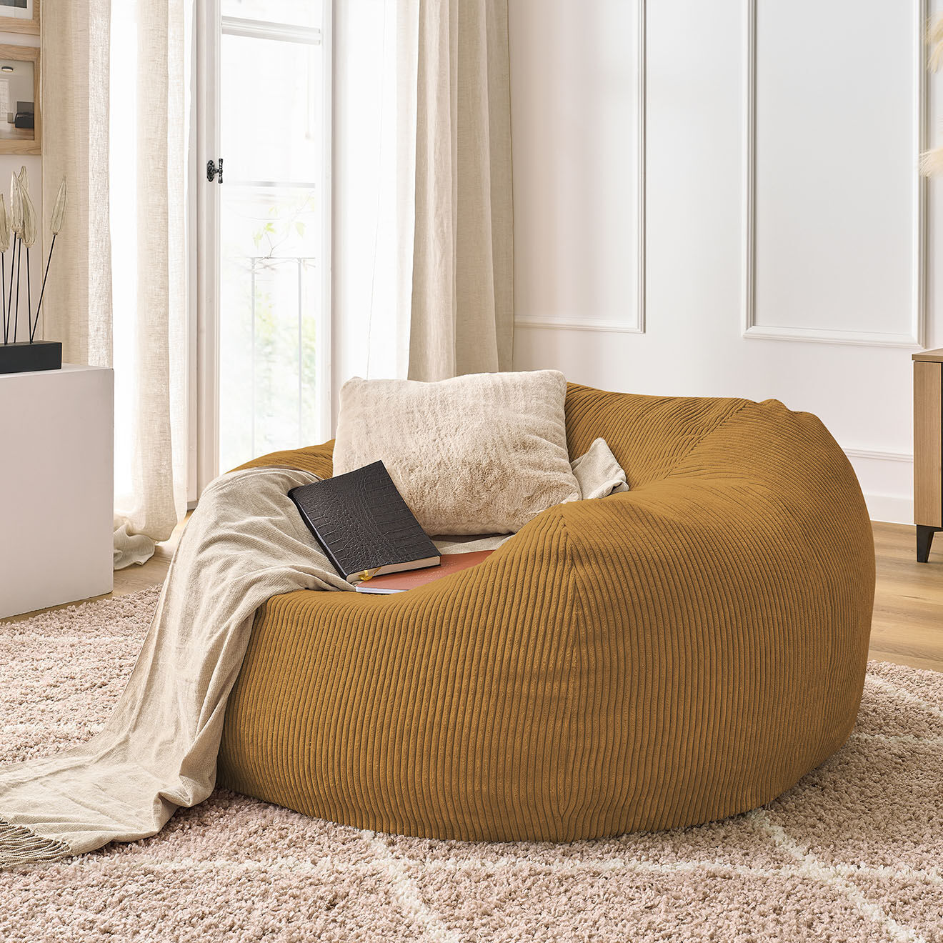 Bobochic Pouf ultra moelleux en Velours côtelé Voltaire jaune - 120x70x60 cm