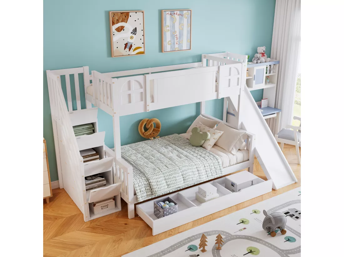 Lit superposé enfant 90x200 cm - avec fenêtre - avec toboggan enfant - tiroirs sur roulettes - escalier avec rampes - bois massif + MDF - blanc (sans matelas)