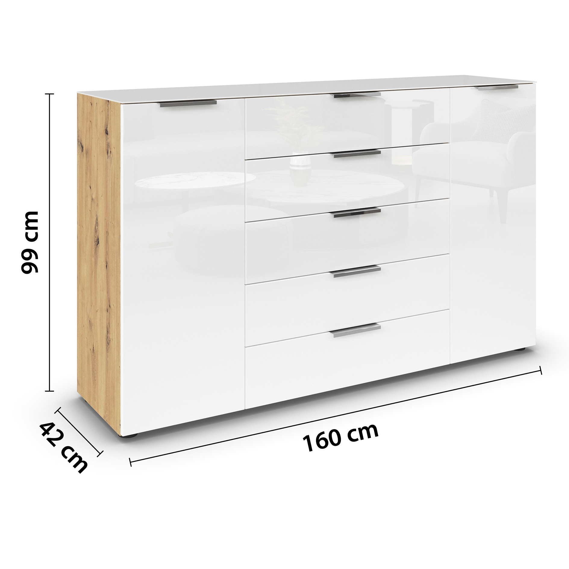 Kommode - Artisan Eiche-Kristallweißglas - Chromgriffe - 160 cm