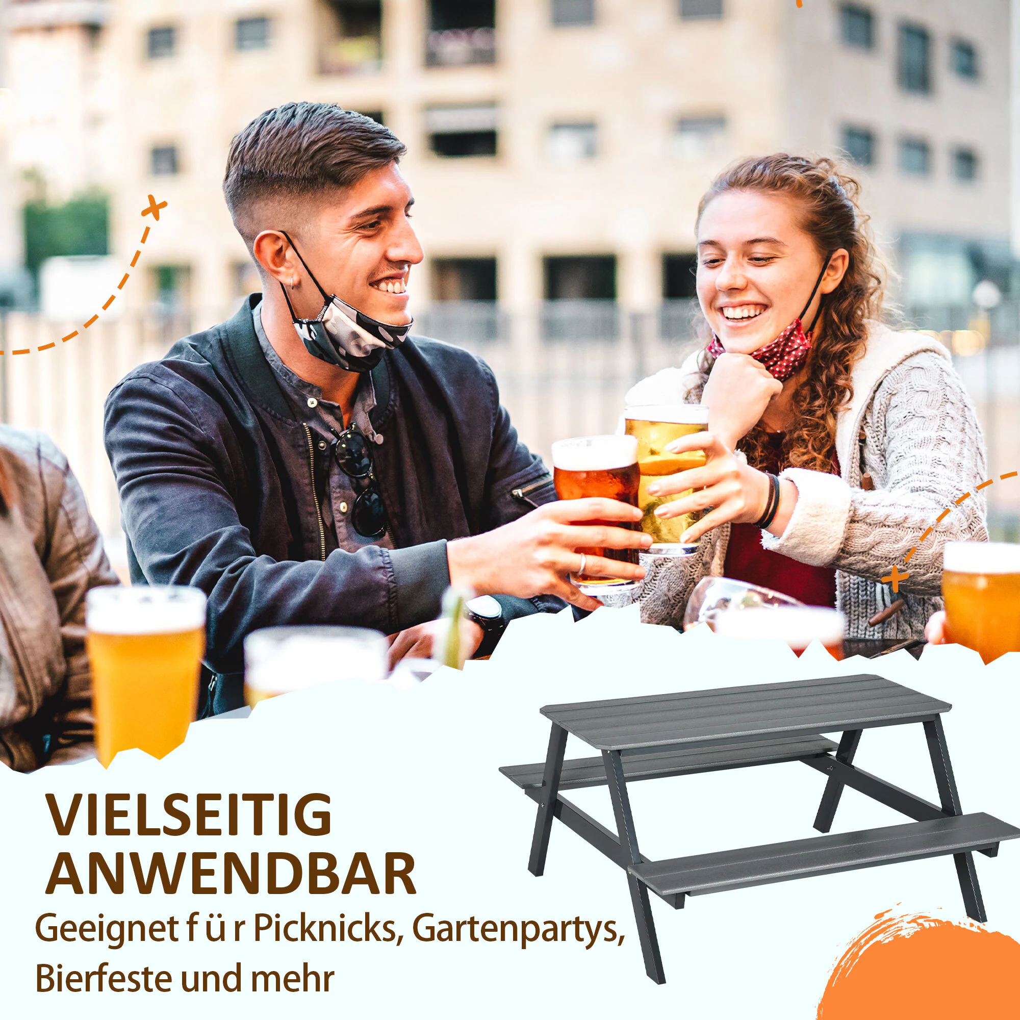 Outsunny Picknick Tisch mit Bank grau 150L x 140B x 47H cm
