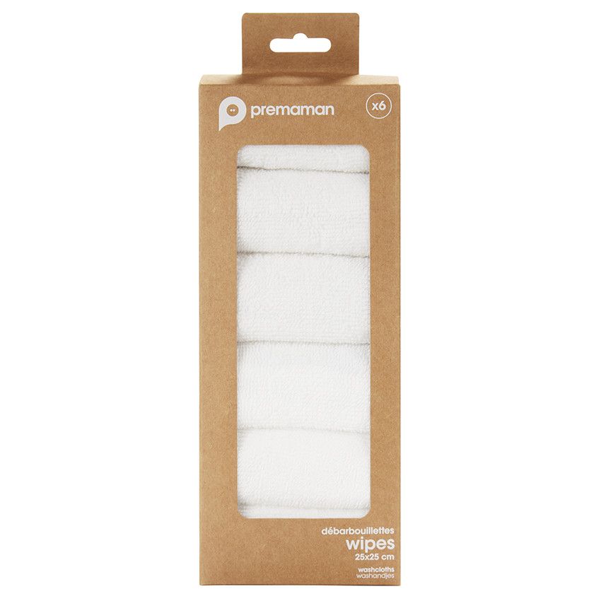 Lot de 6 débarbouillettes éponge 25 x 25 cm - Blanc