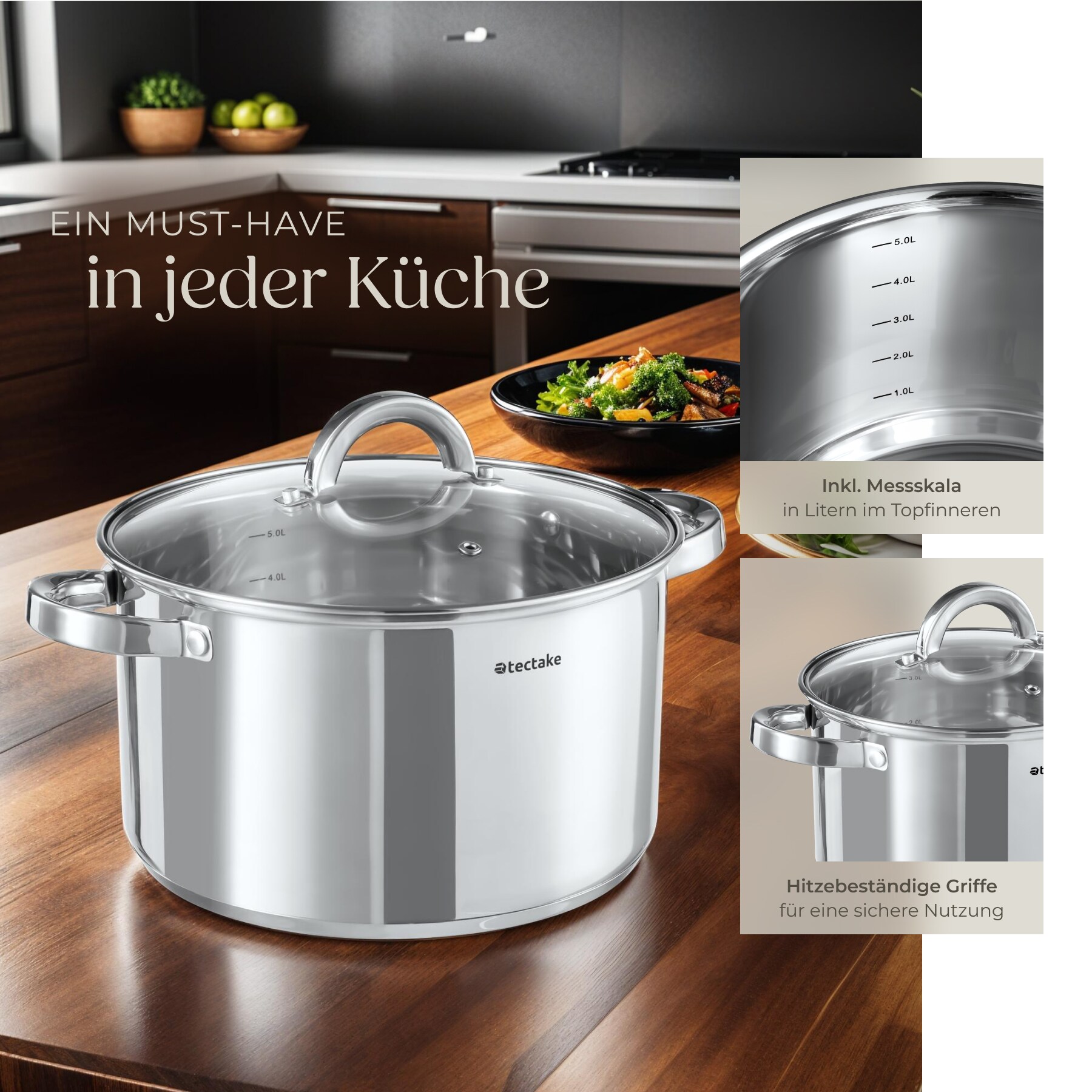 tectake® Kochtopfset, 15-teilig, aus Edelstahl, für Induktion geeignet, Glasdeckel mit Dampfabzug, integrierte Messskala in den Töpfen