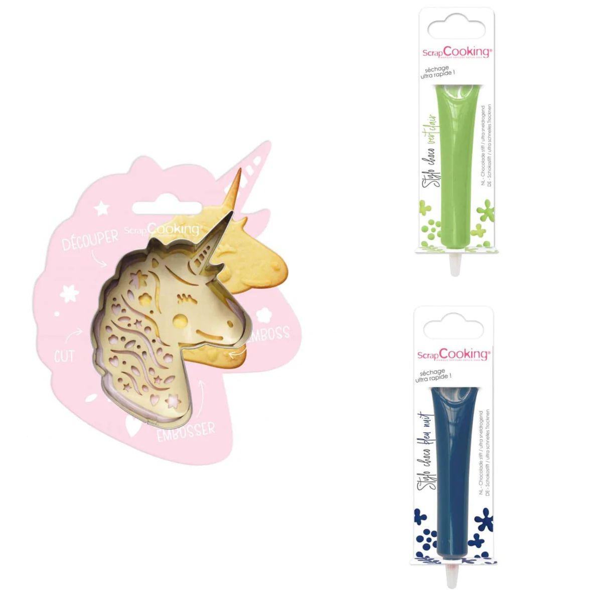 Kit pour biscuit en relief Licorne + 2 Stylos au chocolat vert clair e