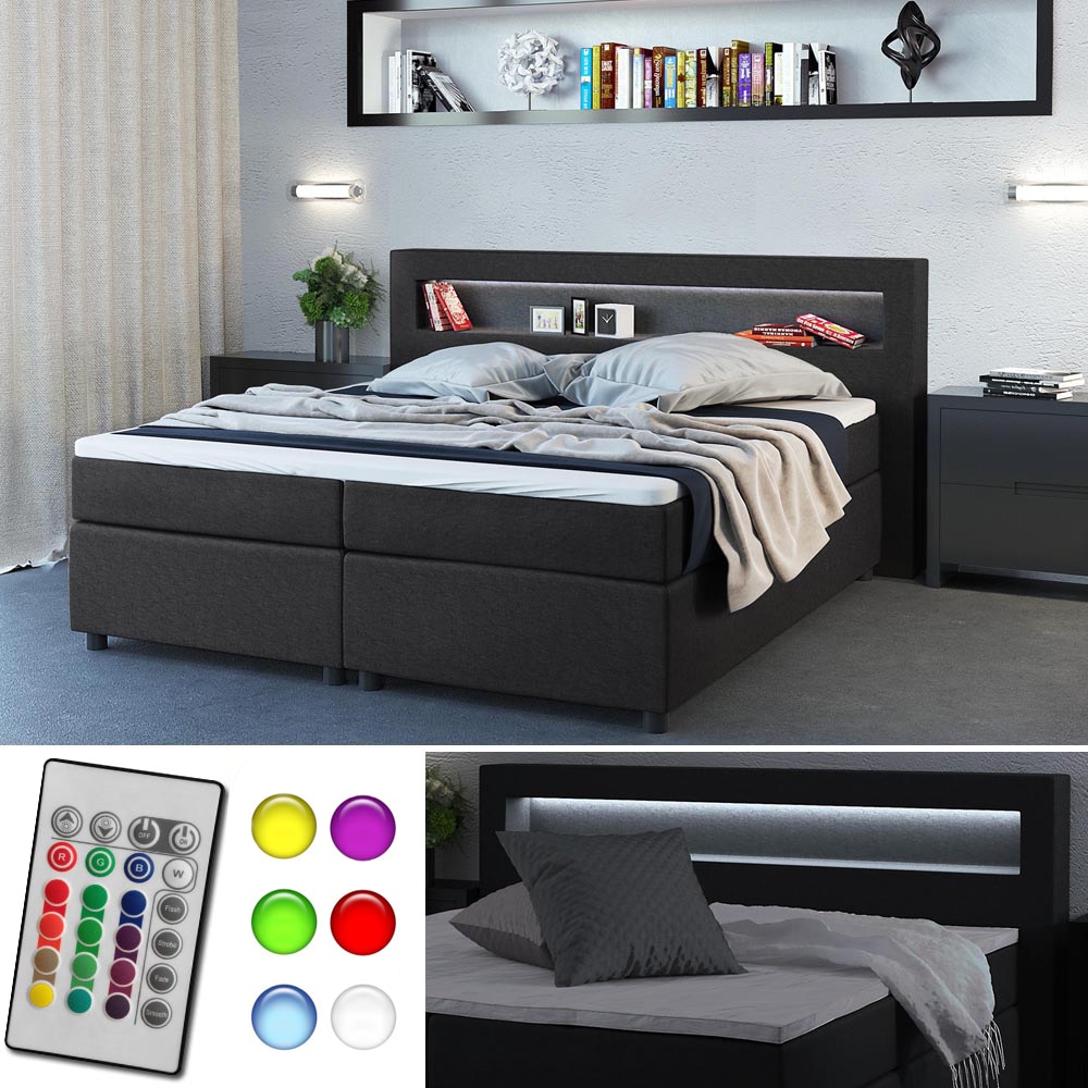 Design Boxspringbett 180x200 cm H2 LED Doppelbett Hotelbett Ehebett anthrazit