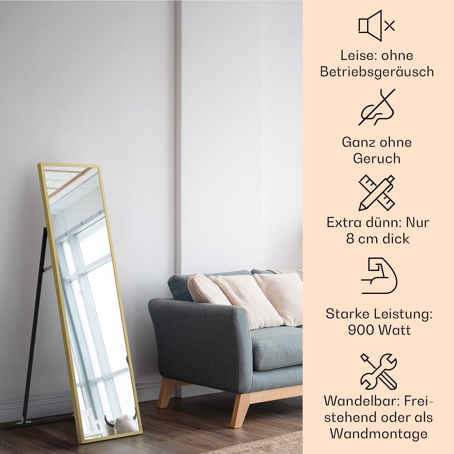 La Palma 900 smart Infrarotstrahler Konvektor 40x160cm 900W Spiegel Standfuß