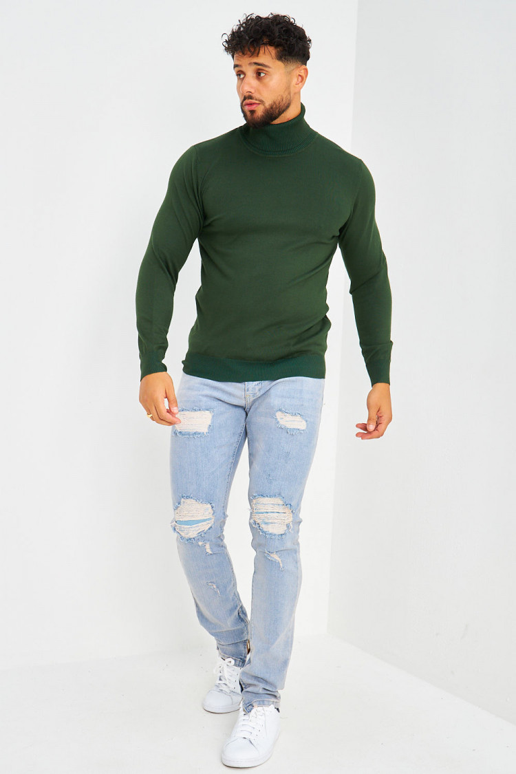Pull col roulé vert foncé uni