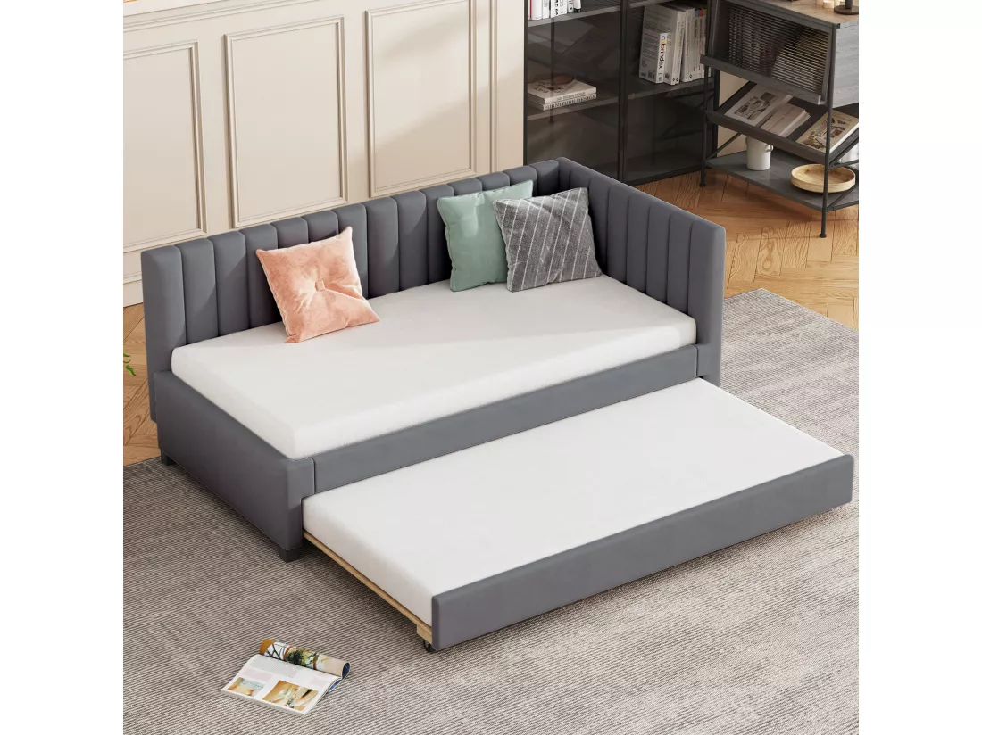 Lit Rembourré 90x200cm,canapé-lit Extensible, Lit Multifonction Avec Sommier à Lattes, Velours Gris