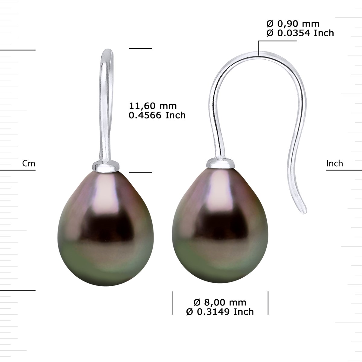 Crochet d'Oreilles Perles de Tahiti Poires 8-9 mm Argent 925
