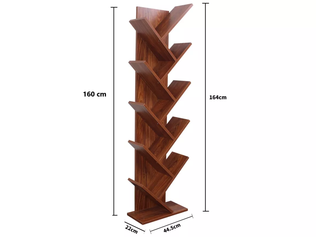 Bibliothèque Meuble 10 Etagères Mdf Marron Noyer 160x44,5x22